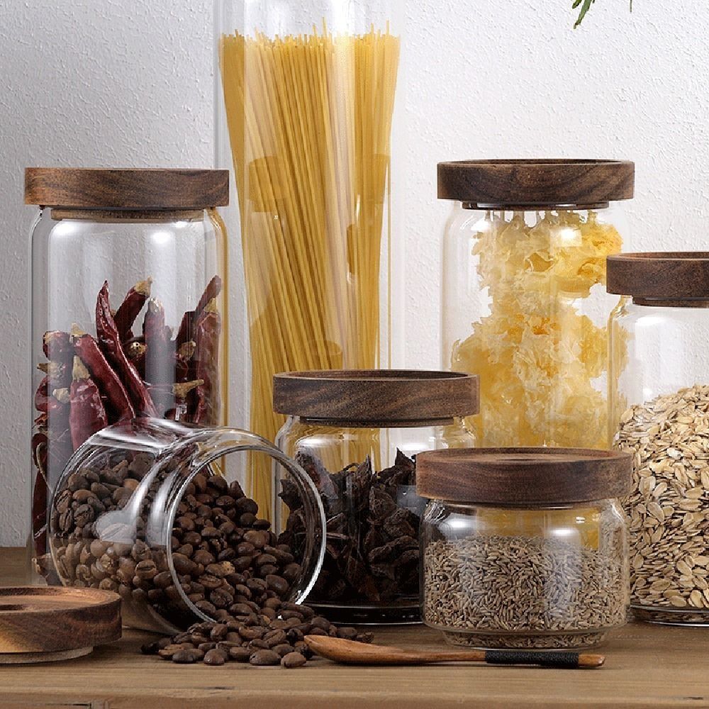 Food Storage Glass Round - Multifunctionele glazen voorraadpot met houten deksel,