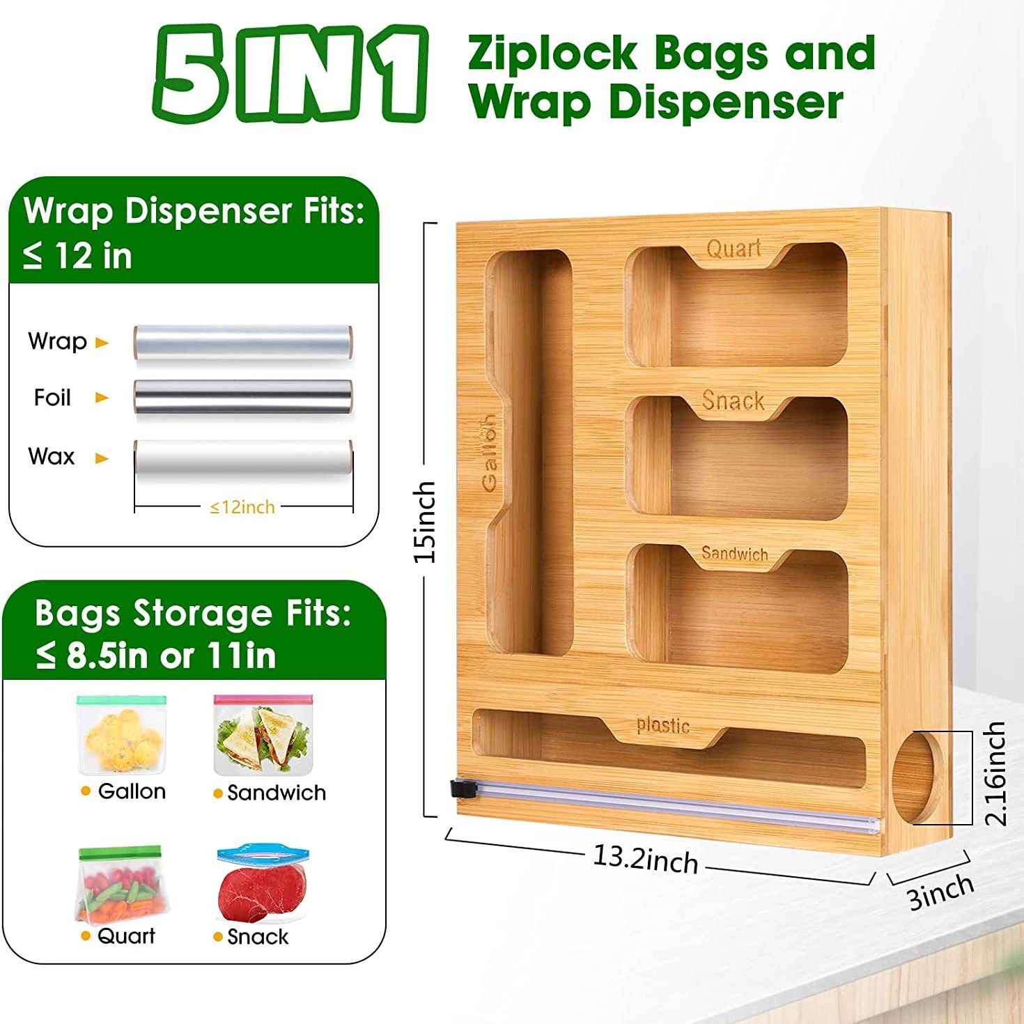 Food Storage Rack For Kitchen - Bamboe Ziplock Voedselzakhouder Compatibele wandopbergrekken Keukenopslagplank