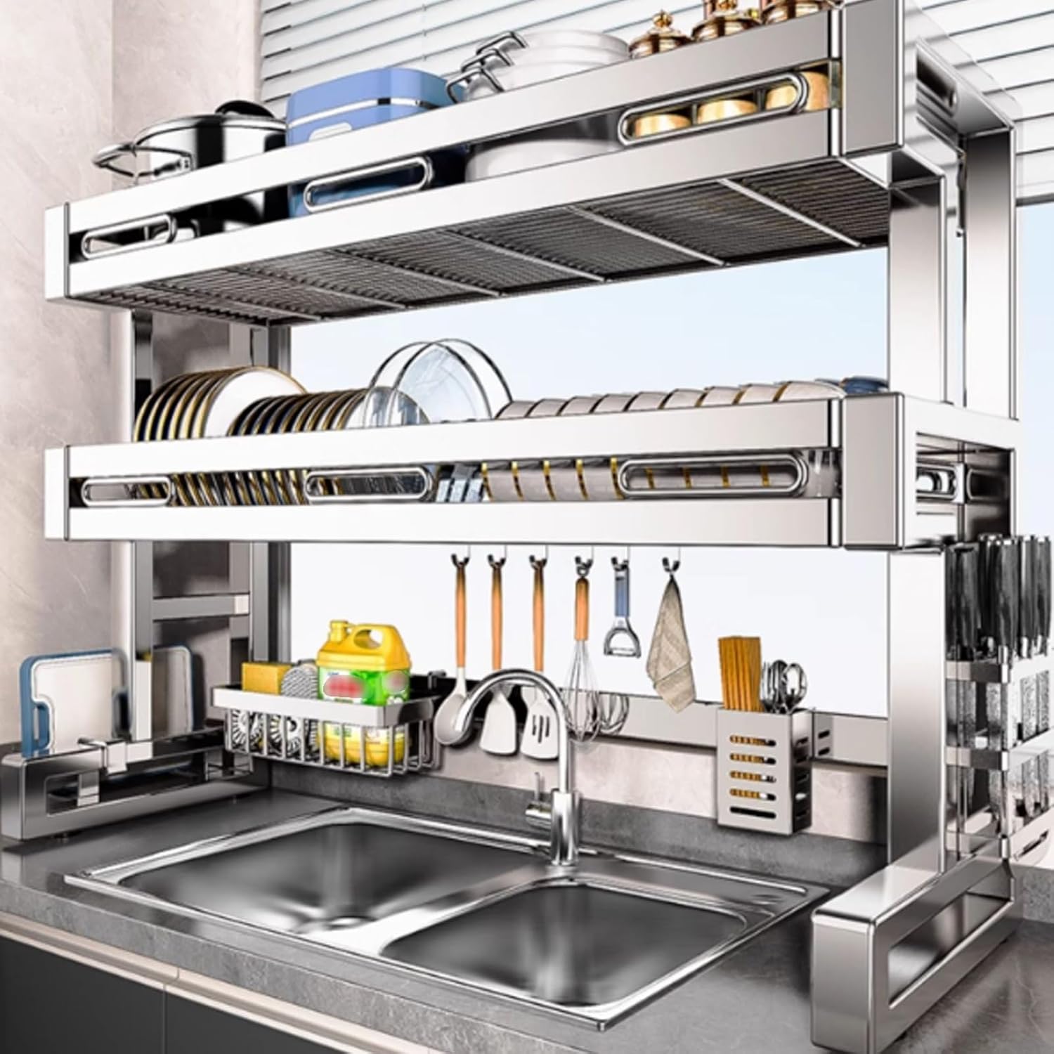 Food Storage Organiser - 2-laags boven de gootsteen afdruiprek droogrek,